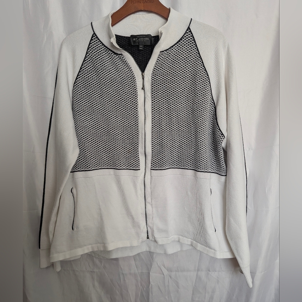 St. John White & Black Zip-Front Knit Jacket Size XL